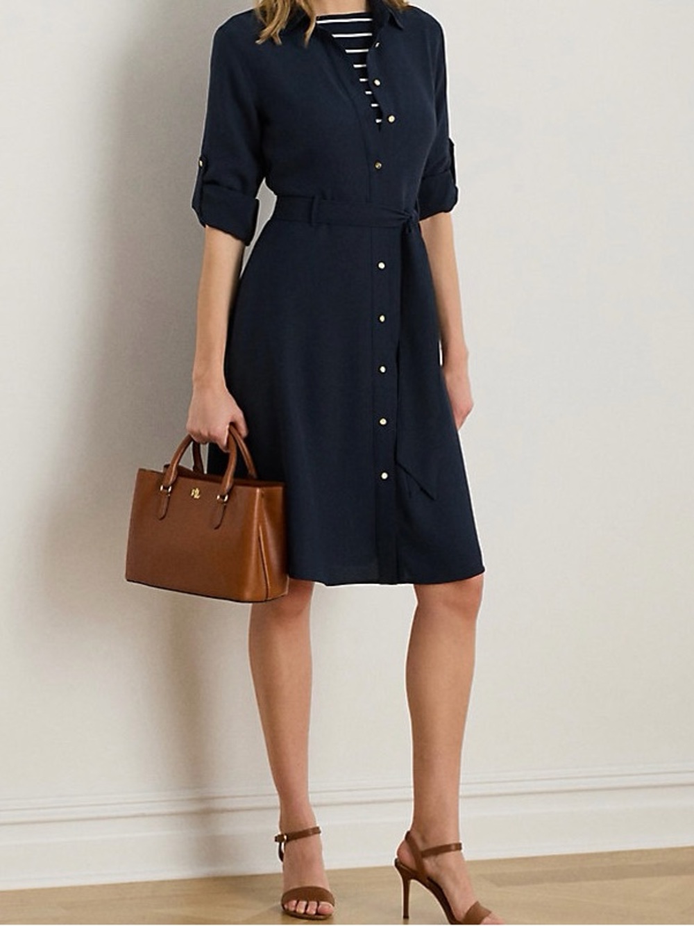 LAUREN RALPH LAUREN Belted Double-Faced Georgette Shirt Dress Preppy Classic